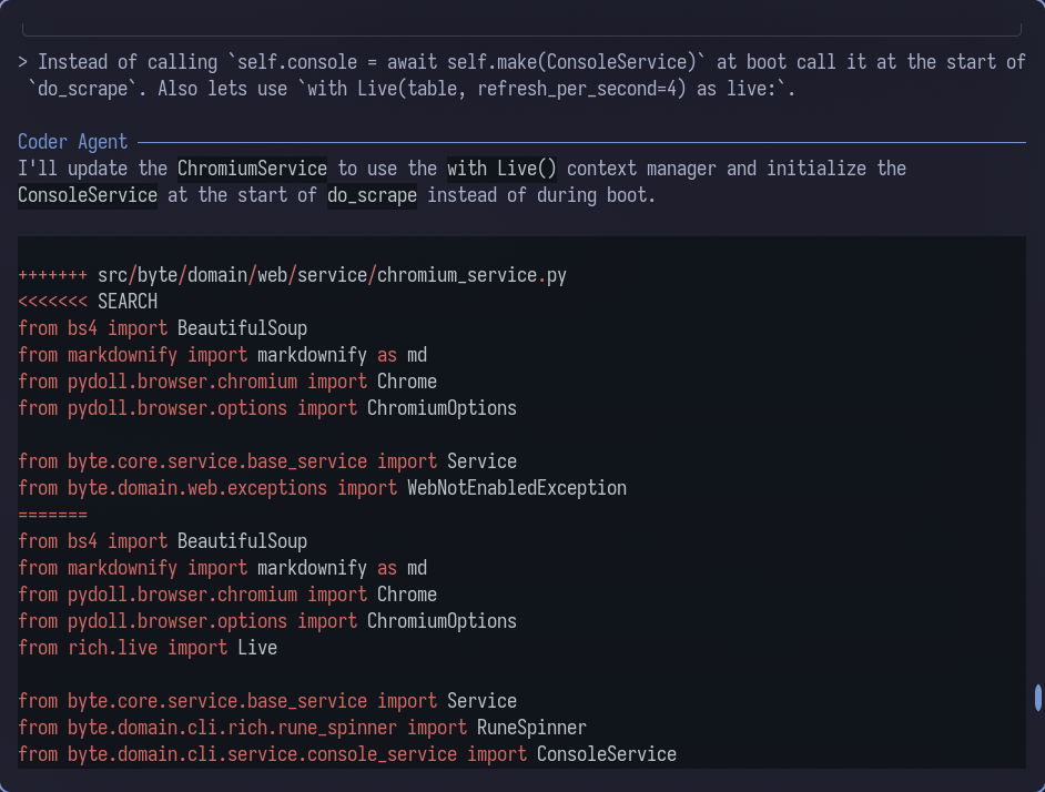 Byte applying changes with SEARCH/REPLACE blocks