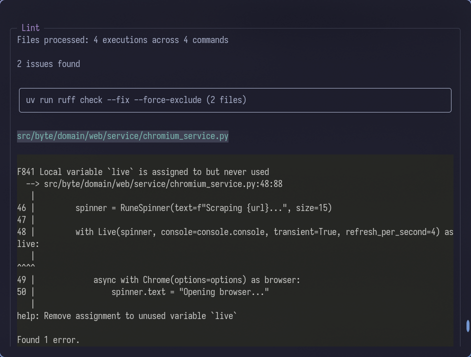 Lint commands running on changed files